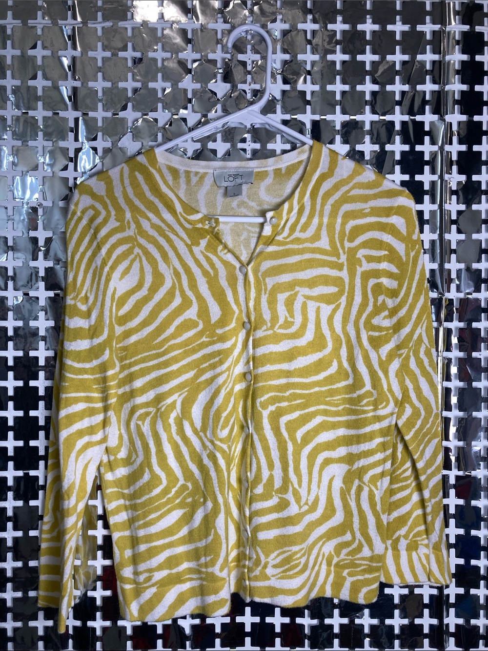 LOFT Yellow and White Zebra-Print Button-Front Cardigan